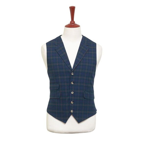 Mens Vest 44R Tartan Plaid Blue Green Red Wool Lapel Waistcoat Formal Wedding - Picture 1 of 9
